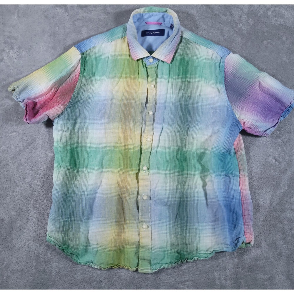 Tommy Bahama Linen Shirt‎ Mens XL Multicolor Short Sleeve Plaid Button Relax